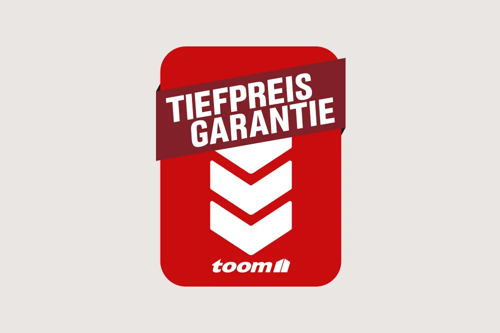 Das rote Logo der Tiefpreisgarantie mit drei weißen Pfeilen.
